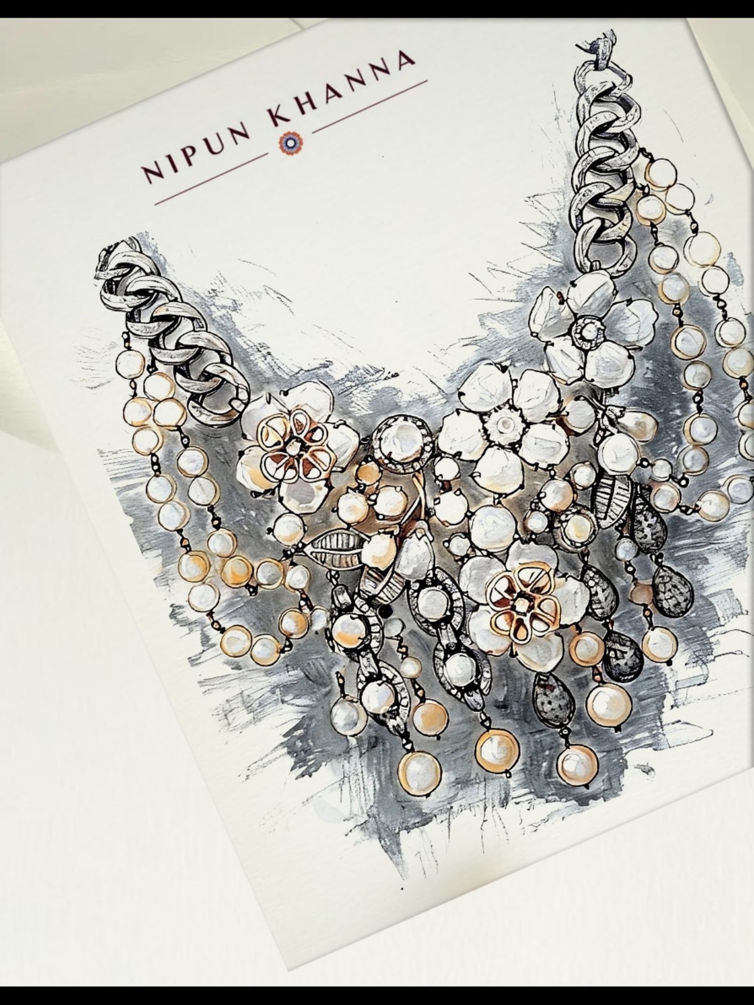 Hand-painted design sketch, pearl and diamond bib necklace, Nipun Khanna