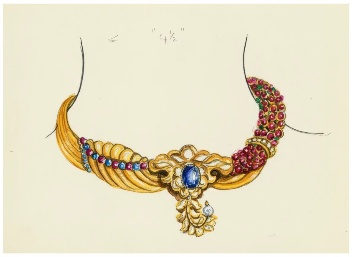 Hand-painted gouache design sketch, ruby and sapphire necklace