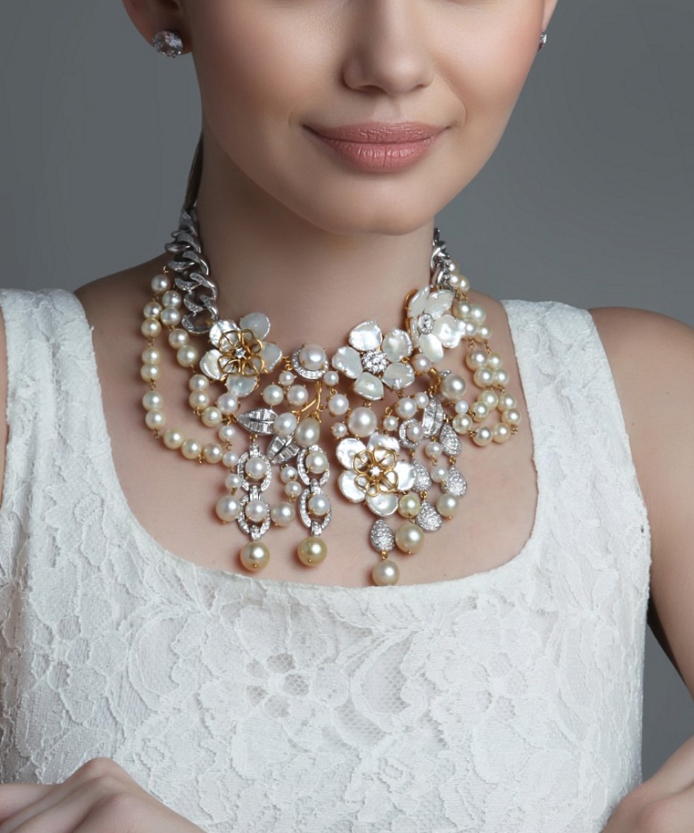 Pearl and diamond bib necklace