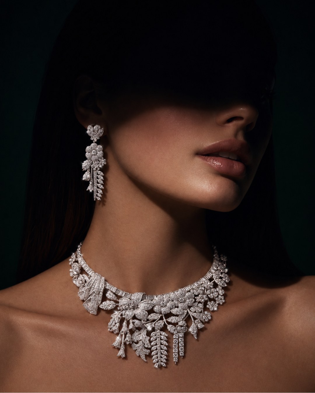 Finished diamond floral necklace and earrings, worn