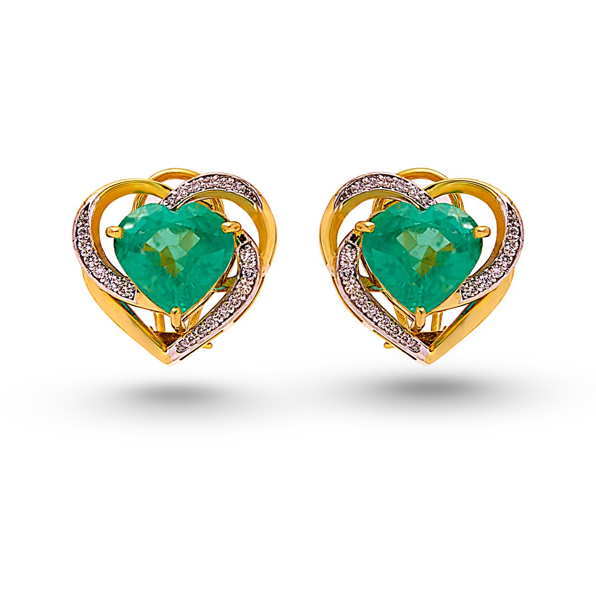 Heart-cut emerald earrings in gold with diamond halo