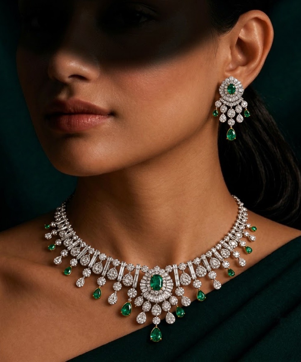 Emerald and diamond necklace and earrings worn