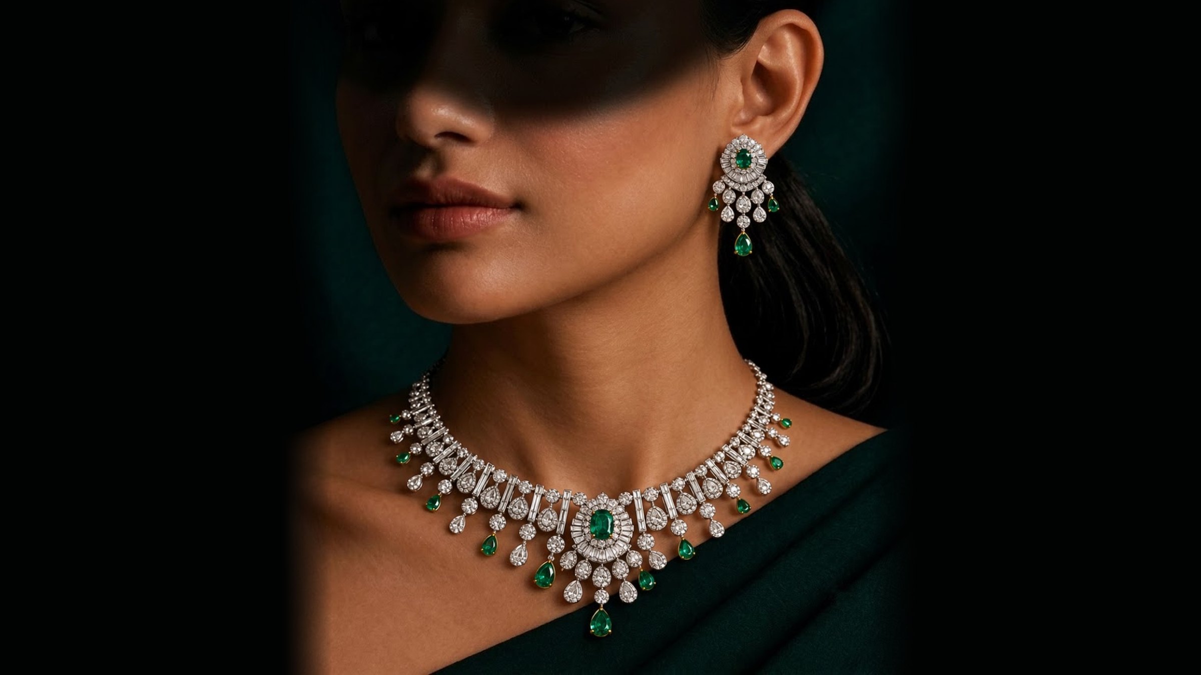 Emerald and diamond necklace and earrings worn
