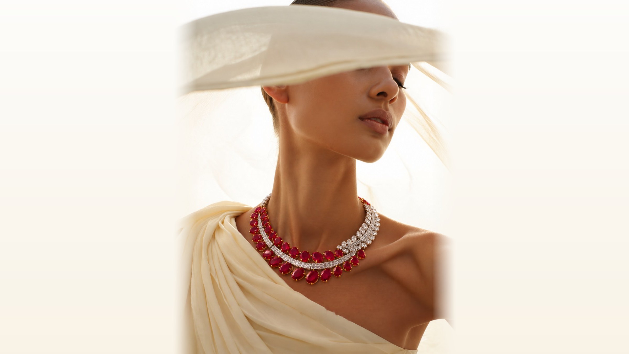 Ruby and diamond necklace worn, under a cream veil