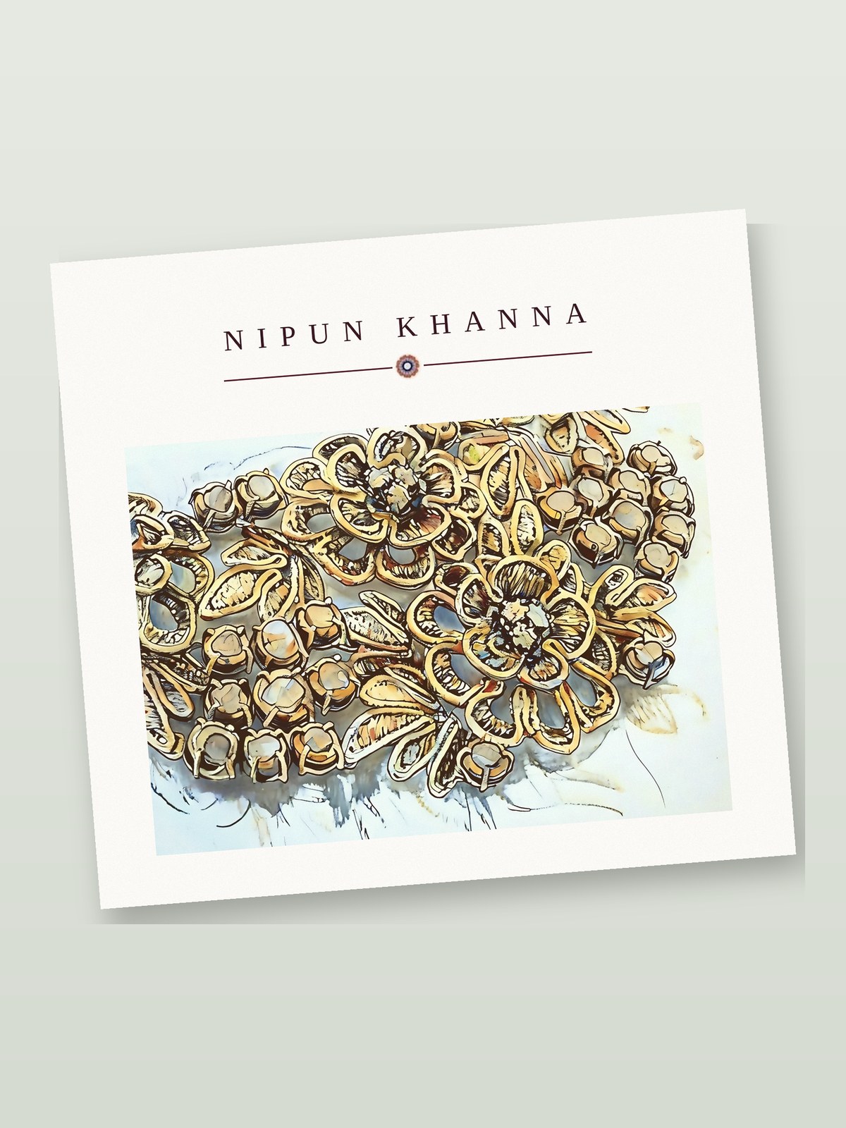 Hand-painted design sketch, Gold Lace necklace detail, on a Nipun Khanna card
