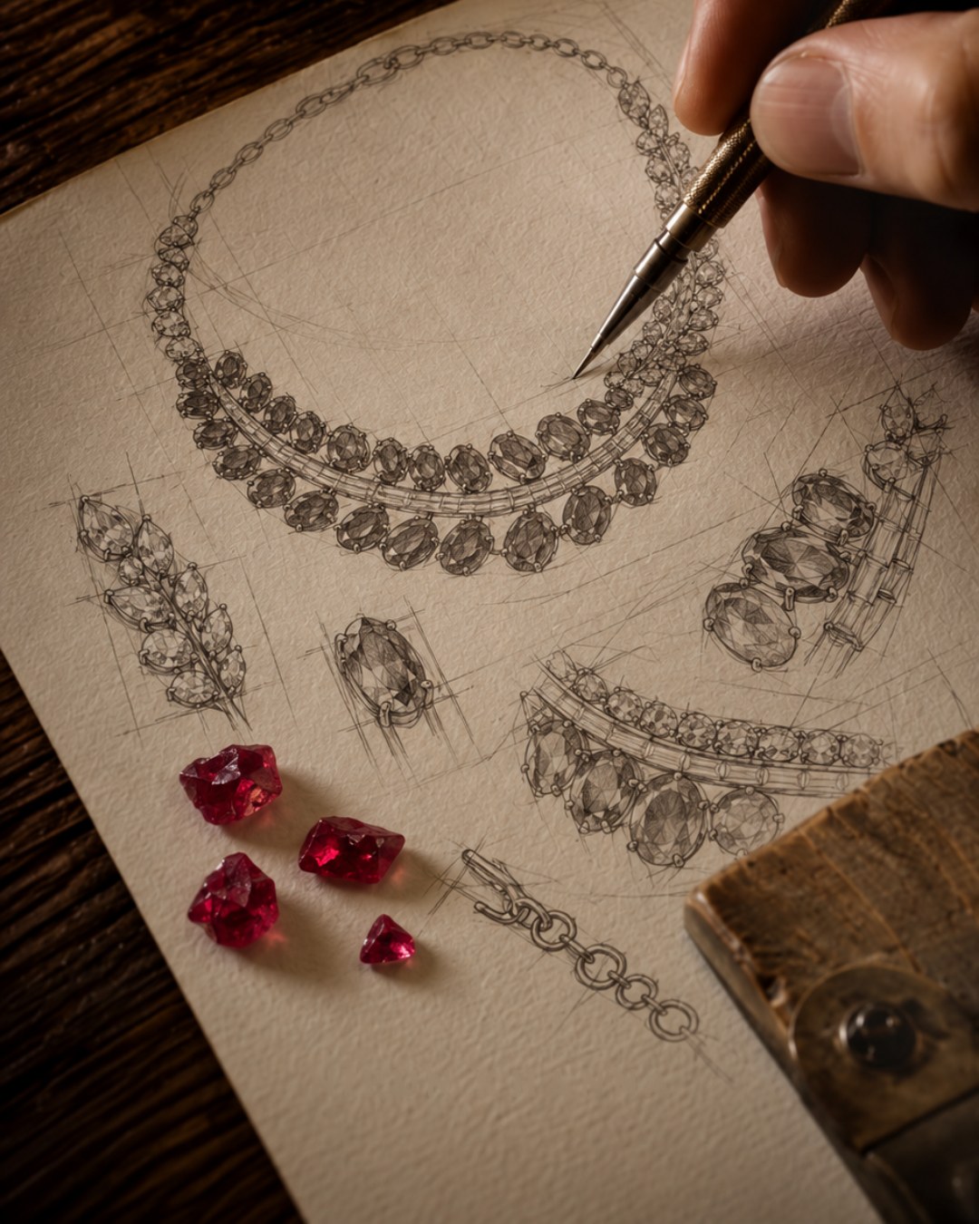 Pencil sketch of the Ruby Cascade necklace with loose rubies